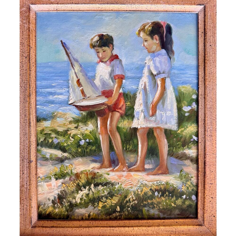 Vintage Coastal Oil Painting-Children-Sailboat-Ornate Gilt Wood Frame-Art-Beach - Picture 2 of 11